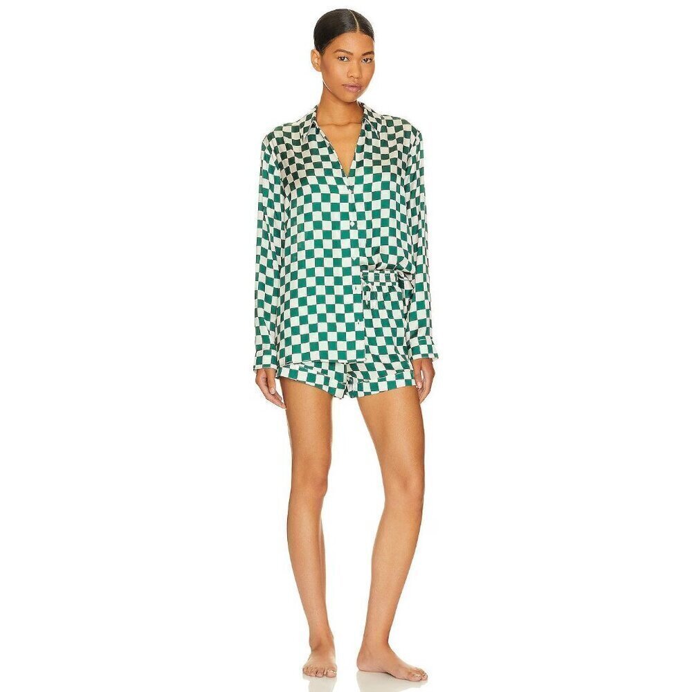 Show Me Your Mumu Early Riser Pajama Top in Green Checker XSmall Womens Blouse